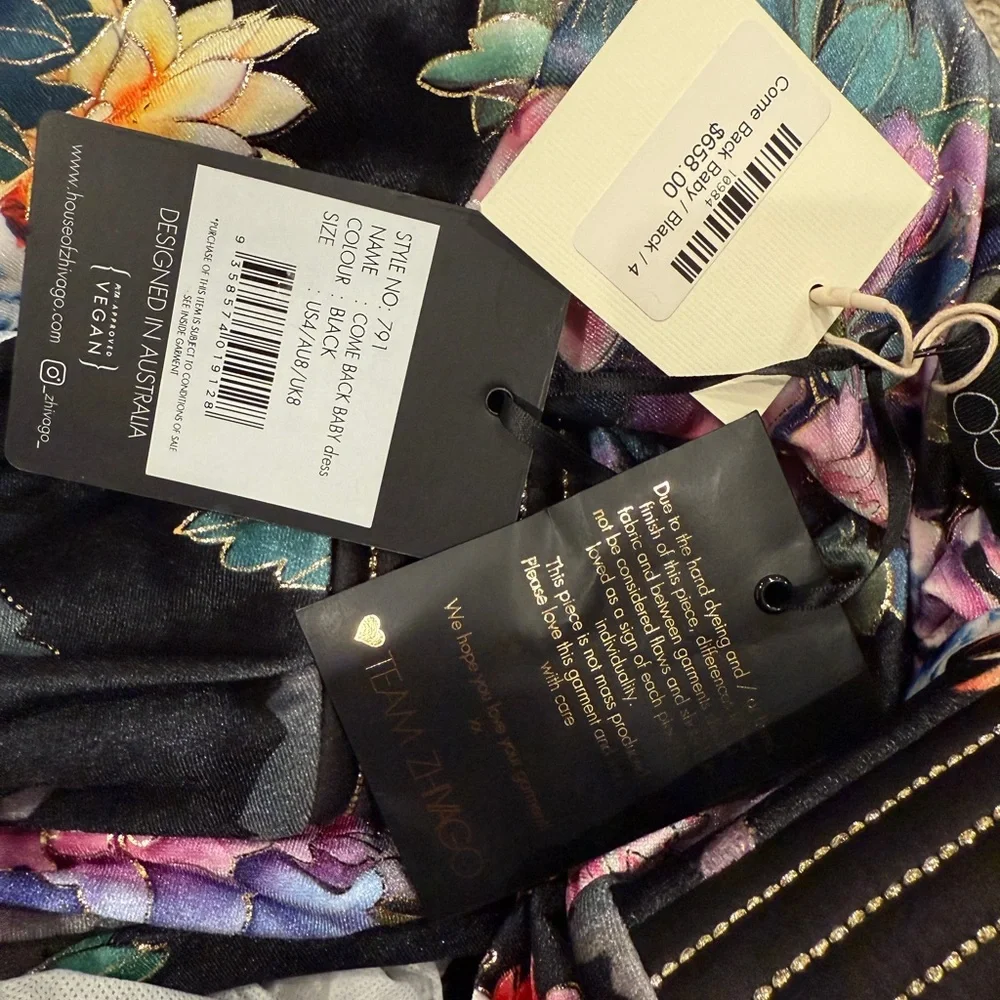 Zhivago Come Back Baby Belted Velvet Mini Floral Wrap Dress 4 Black - Picture 11 of 11